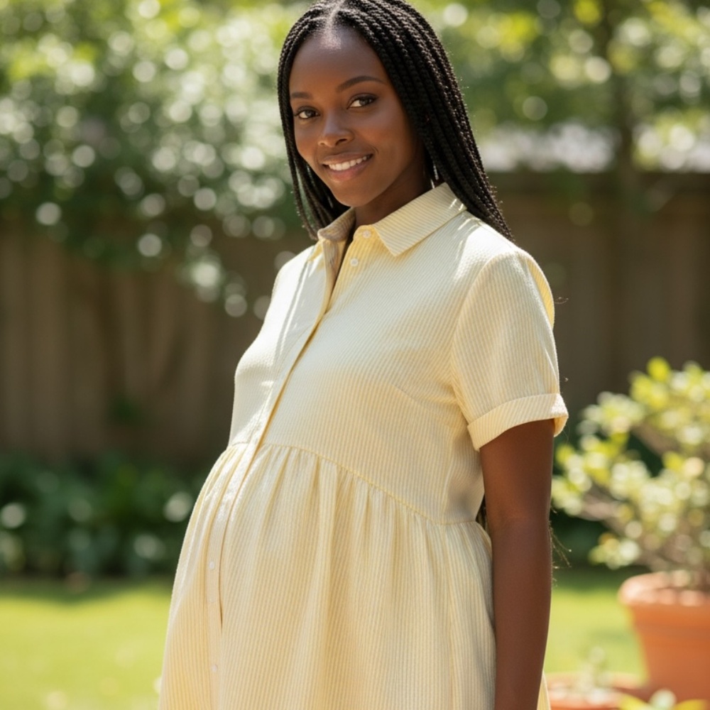 XS GOLDI Yellow white  Button Short Sleeve Midi Dress Casual Maternity Dress